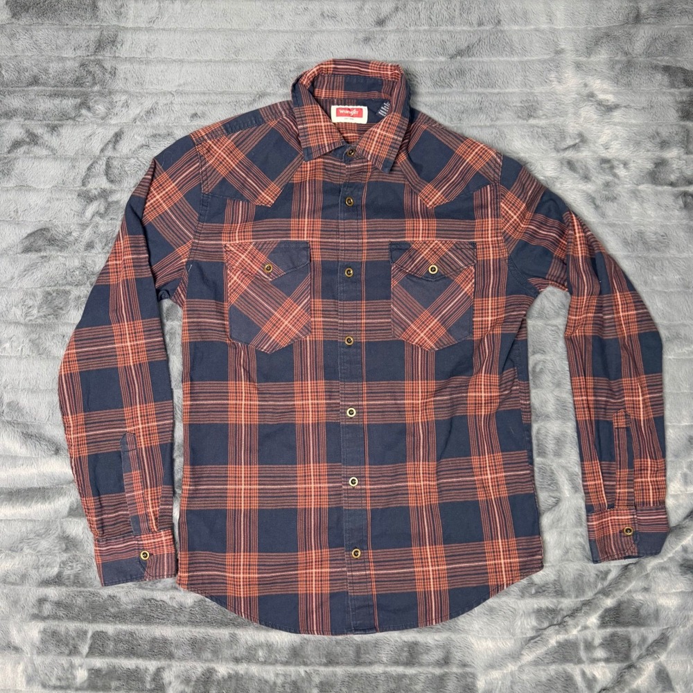 Wrangler Mens Western Plaid Long Sleeve Shirt Navy Blue Orange Small 112346305